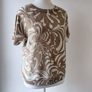 Talbots Short Sleeve Pullover Sweater MP Beige Geometric Pattern Classic Party